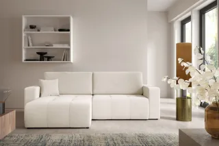 Ecksofa Sofa mit Schlaffunktion AUGUSTO in Stoff Wind Creme Ottomane Links