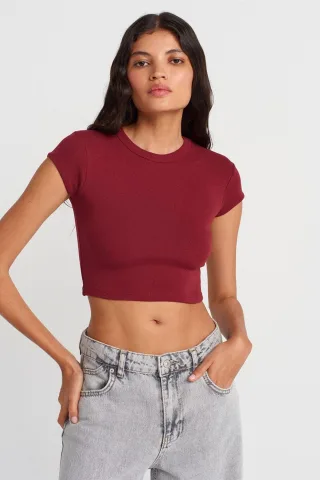 Damen Slim Fit Crop Crew Neck T-Shirt