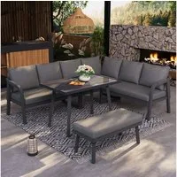 i@home Gartenlounge-Set, (verzinkte Stahlrohre, wetterfestes, Seilgeflecht-Armlehnen, 4-tlg., mit Ecksofa, Bank & Glastisch), Garten-Essgruppe 8 Personen, Outdoor-Set für Terrasse & Garten, Grau