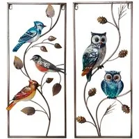 etc-shop Bild, Wandbild Metall bunt 2er Set Vogel Design Eulen Vögel Motiv H 69,5 cm