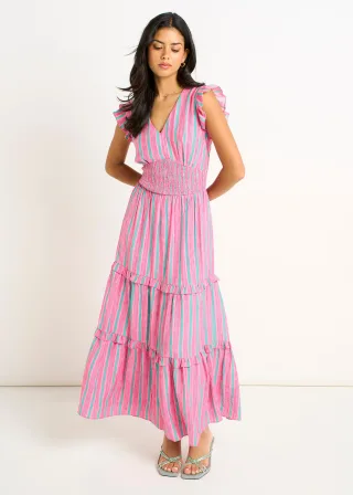 Rosa Sommerstreifen Maxikleid mit geraffter Taille