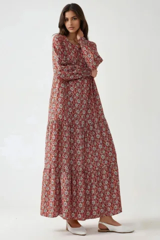 Bedrucktes Viskose-Maxikleid mit Rundhalsausschnitt