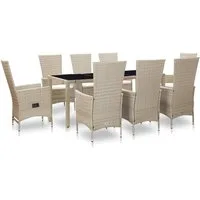 vidaXL Garten-Essgruppe 9-tlg. Garten-Essgruppe mit Auflagen Poly Rattan Beige, (8-tlg)