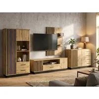 Beautysofa Wohnwand LAMELO Design Loft Möbelset, (Wohnzimmer Set 4-teilig Eiche Wotan+Schwarz, TV-Schrank Kommode Hochkommode Wandregal), mit Lamellen