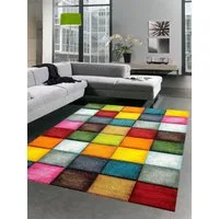 Carpetia Teppich Teppich modern Teppich Wohnzimmer Karo bunt gelb rot blau grün, rechteckig, Höhe: 13 mm