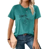 PYLIKE Kurzarmshirt Bequemes Shirt Damen Kurzarm Sommer Basic-Shirt mit Libelle Print Bequem für Freizeit und Büro,Strandurlaub