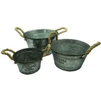 HTI-Living Pflanzschale Pflanztopf Zink, rund, 3-teilig mit Jutegriff (3 St., 3 Pflanzgefäße), Blumenkübel, Zinkwanne, Blumentopf, Pflanztopf