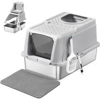FEANDREA Katzentoilette Edelstahl, XL, mit Deckel, 2 Eingängen, für Katzen bis 15 kg