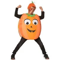 dressforfun Lebensmittel-Kostüm Halloweenkürbis/Kürbisfigur, in schwarz/orange, Gr. 128 (7-8 Jahre), Nase und Mund, Kragen mit grünem Rand, Stoffmütze mit grünen Blättern