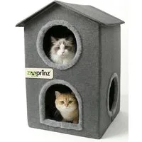 Zooprinz Katzenhaus Katzenhöhle Pepper, Liegefläche, Wendekissen, faltbar, zweistäckig, 46 × 41,5 × 60 cm, Anti-Rutsch-Boden, Leinenstoff, Grau