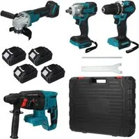 Insma Elektrowerkzeug-Set 4 IN 1 Multi Werkzeugsatz inkl. 4 Akkus Set, Bürstenlose, 4-tlg., 125mm Winkelschleifer + Bohrmaschine + Schrauber+ Schlagbohrmaschine, mit LED-Arbeitslicht und Koffer