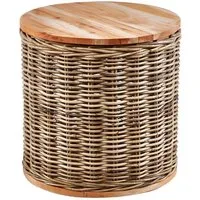 Kobolo Beistelltisch Tisch MARTA Holz und Rattan mit abnehmbaren Deckel (Einzelstück, 1-St., Einzelstück), Dm. 51x H 50,50 cm