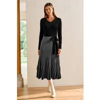 Arach&Cloz Strickkleid Damen Pulloverkleid Herbst Winterkleid Lang Plissee V-Ausschnitt Langarm Elegant Midi Kleider Winter