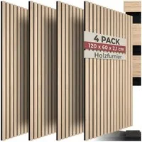 tectake Wandpaneel Akustikpaneele aus MDF und Echtholzfurnier - Eiche hell, BxL: 60x120 cm, 0.72 qm, (Holzpaneele Sonic Wall II, 4-tlg., Größe flexibel anpassbar) schallabsorbierender Filz, einfache Montage mit Kleber oder Schrauben