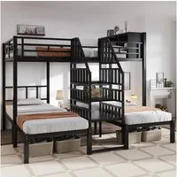 MODFU Etagenbett aus Eisen mit drei Liegeplätzen (Kinderbett, komfortabler Treppe mit Handläufen und zusätzlichem Stauraum, Metallbett 90x200cm&140x200cm), ohne Matratze