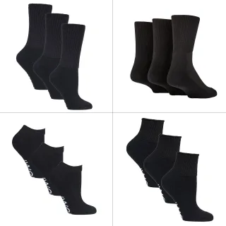 12 Paar Pack Diabetiker Socken ganzjährig Bundle Set | IOMI | Extra breite Socken für geschwollene Knöchel, Beine & Füße | Crew Ankle Trainer Diabetiker Socken in Baumwolle & Bambus - Schwarz