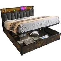 Flieks Polsterbett (1-tlg), LED Metallbett Holzbett mit Ladefunktion und Stauraum 160x200cm