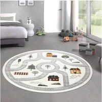 Carpetia Kinderteppich Runder Spielteppich mit Straßenmotiv Weich für Spielbereiche in creme, rund