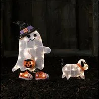 Lights4fun LED Dekofigur 2D LED Figur Gustav gassigehender Geist mit Hund