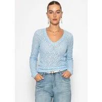 SASSYCLASSY Langarmshirt Spitzenshirt mit V-Ausschnitt für Damen Elegantes Langarmshirt mit floralem Muster in leichter Transparenz
