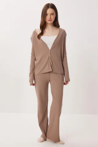 V-Ausschnitt Knopf-Longcardigan und Schlafanzug-Set mit Hose
