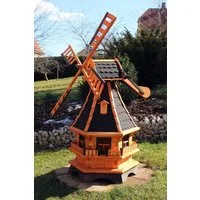 Holzdekoladen Deko-Windrad XL Gartenwindmühle aus Holz mit Solarbeleuchtung & Dachgauben