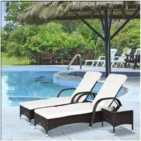 Outsunny Gartenliege Sonnenliege, Liege, 3 St., Sonnenliege, Polyrattan+Metall Braun+Cremeweiß