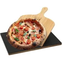 Dolce Mare Pizzastein Set schwarz Holz Pizzaschieber Brotbackstein, Cordierit