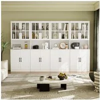 VOWNER Bücherregal mit Glastüren, offenem Fach & Arbeitsplatte – 5 Ebenen Hochschrank, 4-tlg., Vitrinenschrank Buffetschrank Standregal für Wohnzimmer & Büro