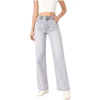 Ital-Design Straight-Jeans Weite Damenjeans mit hohem Bund für Alltag und Freizeit (91531145) Used-Look Stretch High Waist Jeans in Hellgrau