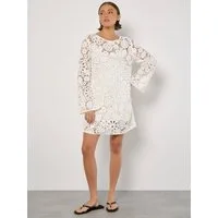 Apricot Minikleid Floral gehäkeltes Etuikleid mit Trompetenarmen