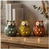 Levandeo® Teelichthalter 3er Set Kerzenhalter Eule H11cm Windlicht Orange Gelb Grün Herbstdeko (3 St)
