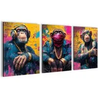 Novart Bild Wandbilder Set Banksy Style Collage - 3 Bilder Wohnzimmer Streetart, Affen, made in Germany