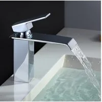 HOMELODY Waschtischarmatur Edelstahl Waschtischarmatur mit Wasserfallauslauf, Einhebelmischer Eckiger Wasserfall-Auslauf, Kalt- und Warmwasser,Chrom