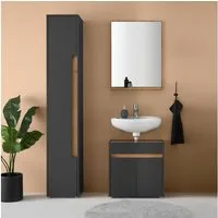 Lomadox Badmöbel-Set CRISP-61, (Spar-Set, 3-St., Waschtischunterschrank Spiegel Hochschrank), Anthrazit mit Eiche Nb., Siphonausschnitt, Spiegelfläche mit Ablage
