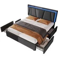 Flieks Polsterbett, LED-Beleuchtung Doppelbett 160x200cm mit 4 Schubladen