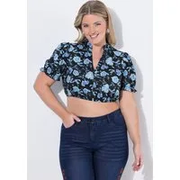 Ulla Popken Trachtenbluse Dirndlbluse Blüten Stehkragen V-Ausschnitt Halbarm