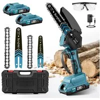 Bundviel Akku-Kettensäge 6+8 Zoll Elektro-Kettensäge 880W Bürstenloser Handkettensäge, Set, 2*2 AH akkus, 2 Führungsstange+2 Sägekette, Mehrfacher Sicherheitsschutz, für Garten Holz und Astscheren