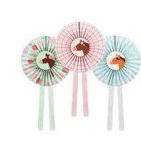 partydeco Papierfächer, Papier Rosetten Deko 35cm mit Pferde Motiv 3er Set Pastell Mix