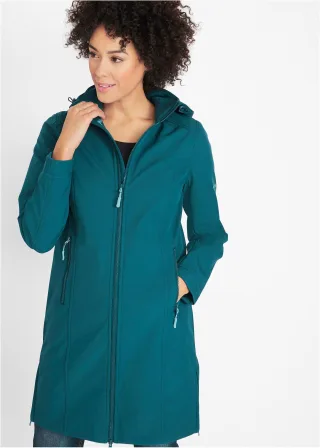 bonprix wasserabweisender Softshellmantel, petrol, Gr.40, Wasserabweisender Übergangsmantel aus Softshell mit abnehmbarer Kapuze und Gummizug am Rücken, mit Reißverschlusstaschen, Figurbetont, aus Softshell