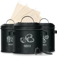 KitchenQuality Vorratsdose Kartoffelaufbewahrungsbox 3er-Set aus Metall inkl. Schäler & Beutel, Metall, 22,2×21,5, 13,8×19, 11,5×17 cm für Kartoffeln, Zwiebeln & Knoblauch