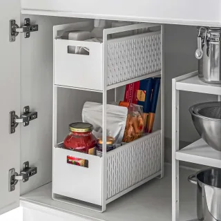 Yamazaki Schrank-Aufbewahrungskorb-Set ausziehbar 32x46x16cm Metall weiß. Modulares Schubladensystem für maximale Ordnung in Küche und Badezimmer.