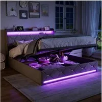 Gdood Stauraumbett Polsterbett Dopplebett LED, Hydraulische Bett box (1-tlg., Kopfteil & Hydraulisch hebbarer Stauraum), LED-Beleuchtung, Kabelloses Laden, Lattenrost, Leinen, 140x200 cm