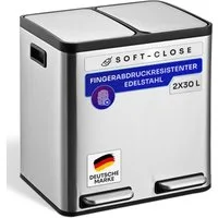 Gardissimo Mülleimer Edelstahl Duo Abfalleimer Treteimer Ruby 2 x 30 Liter = 60 Liter, Soft-Close Deckel Fingerabdruck resistent mit zwei Inneneimern