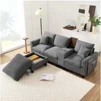 Merax Sofa L-Form Ecksofa mit Stauraumhocker & USB-Anschlüssen, Modernes Sofa für Wohnzimmer und kleine Räume 1 Teile, Sofa mit 2 Getränkehaltern, Seitentaschen & Kissen, Cordstoff