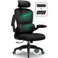 Fukstern Bürostuhl Ergonomischer Bürostuhl mit 90° klappbaren Armlehnen (Verstellbare Kopfstütze, atmungsaktiver Mesh-Bezug, Rücken- und Taillenstütze, Neigung fixierbar bei 90° (maximal kippbar bis 135), bis 150 kg belastbar