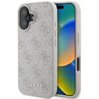 Guess Handyhülle iPhone 16 Kunstleder Muster rosa Schrift goldfarbig 6,1 Zoll, Kantenschutz