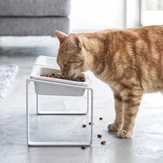 Yamazaki Doppelnapf-Set Anti-Schling-Funktion Nooks 29x18x16cm Metall weiß | Ergonomische Futterstation für Katzen und kleine Hunde zur Fütterung.