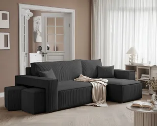 Ecksofa Schlafsofa Sofa ADARA inkl. Hocker Stoff Poso Schwarz Ottomane Rechts