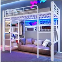 BlingBin Hochbett Jugendbett Kinderbett Funktionsbett mit LED-Beleuchtung (Einzelbett, 1-St., mit Ablagefach, Gegenständen, Kleiderstange und offener Raum) 90 x 200 cm, Ohne Matratze, Weiß